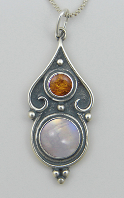 Sterling Silver Romantic Necklace in Rainbow Moonstone And Amber